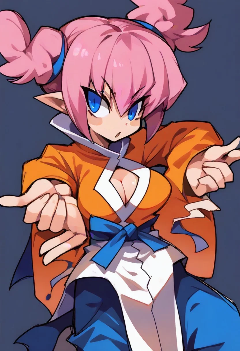 , fghtmstrssxl,twintails,blue eyes,pink hair,short hair,pointy ears,, cleavage cutout,orange shirt with long sleeves,blue pants,long white shirt,blue ribbon,long white pelvic curtain, ,bow,,<lora:FightMistressXL:0.9>,