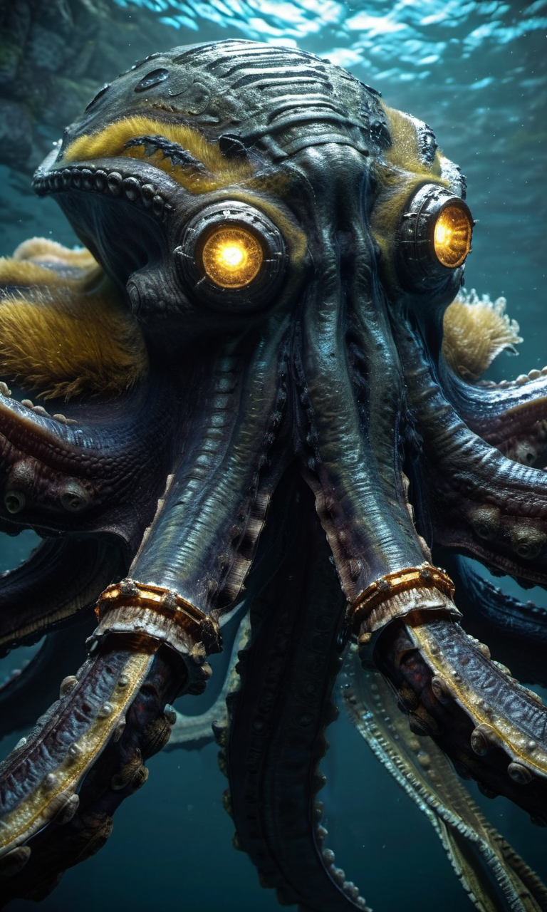 hyperdetailed photography,fgiant colossal octopus,lurking underwater,sotc,mask,fur,electric features,glowing eyes,masterpiece,epic,trending on artstation,raw photo,<lora:shadowofthecolossus:0.8>,cinematic,50nm dof,bokeh,realistic,sharp focus,ultra detailed,128k uhd,awardwinning,octane render,ray-tracing,official art,wallpaper