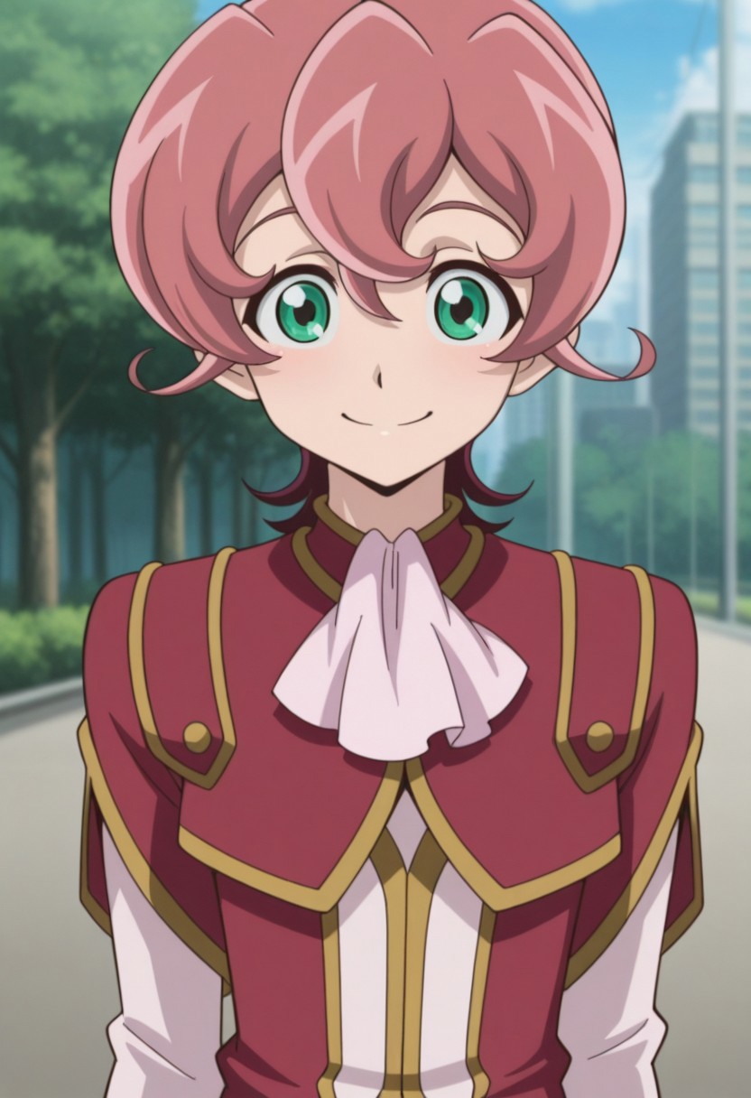 masterpiece,best quality,amazing quality, source_anime, 
MichArclight, 1boy, male focus, solo, green eyes, pink hair, ascot, pink ascot, shirt, pink shirt, jacket, red jacket, short over long sleeves,  smile, outdoor,