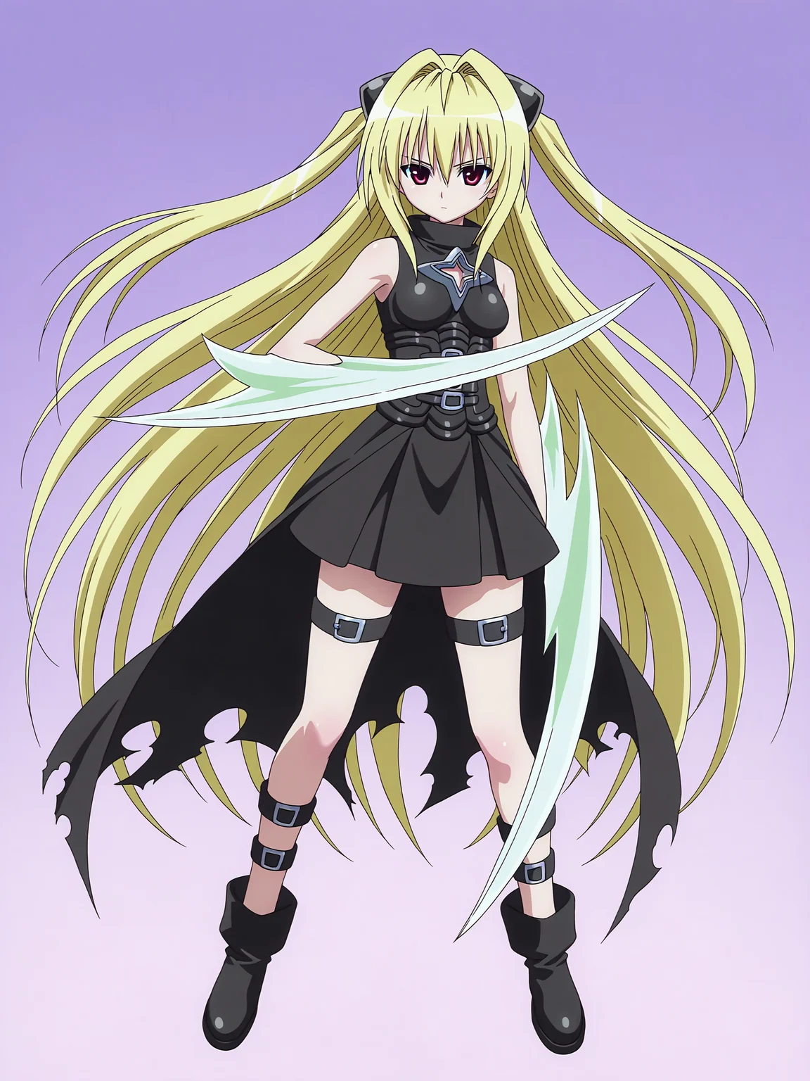 <lora:Konjiki no Yami_1:0.9>,yami,full body,hand blade,arm blade,(no arms:0.9),black dress,