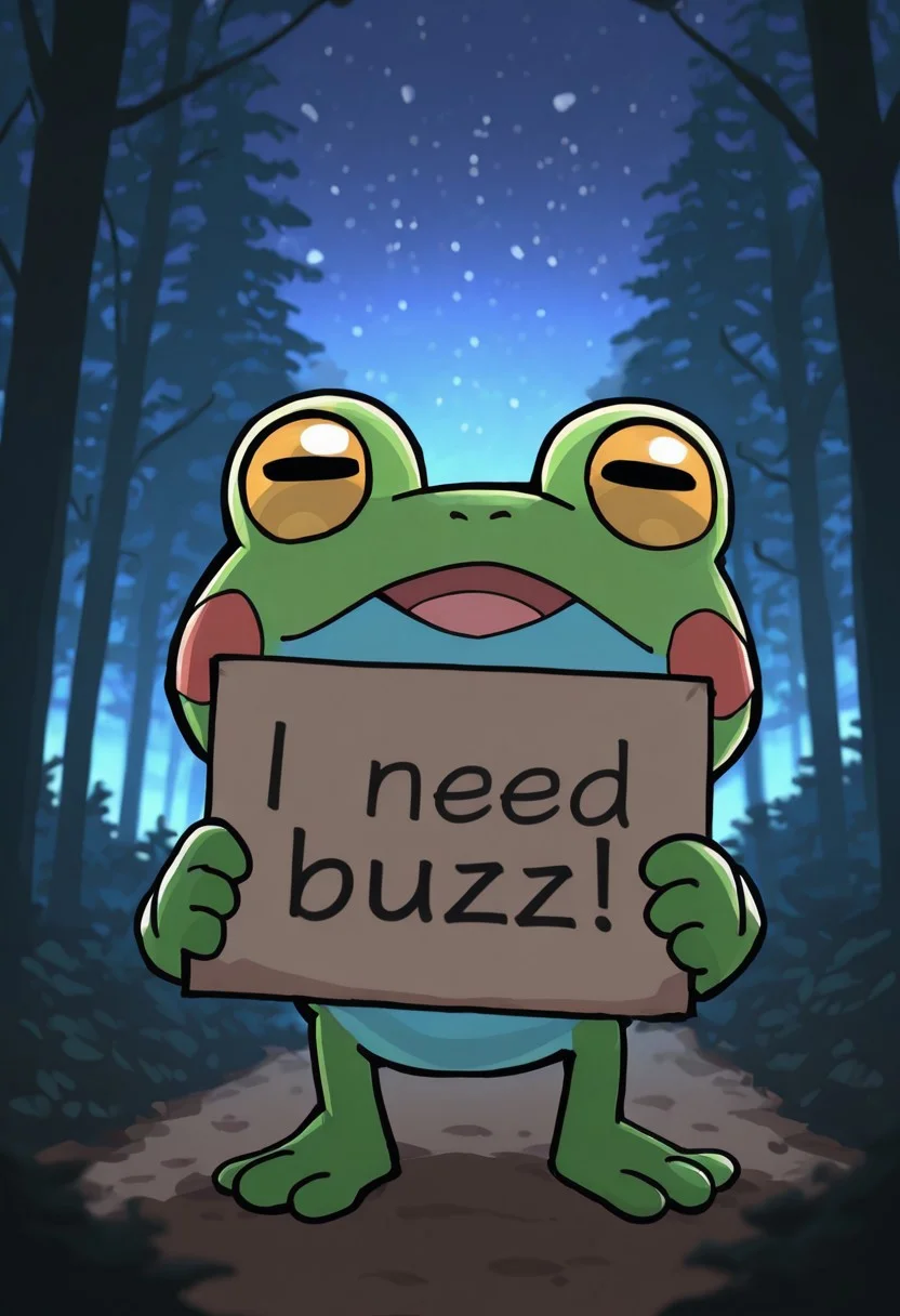 need_buzz, holding sign, cute frog, small bees swarming around, night sky, forest, horizontal_pupils