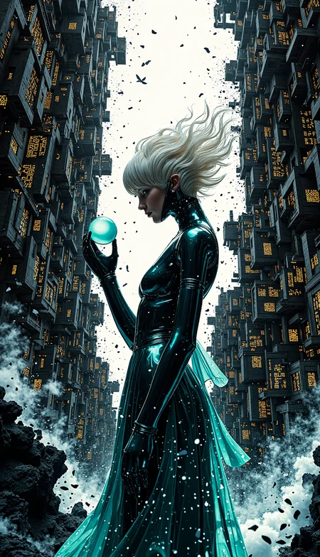 Eye-level composition depicting a striking woman with sharp, geometrically styled **liquid silver** hair standing within a metropolis constructed from constantly flowing, living ink. Her angular bodysuit is a vibrant **deep teal** armour, appearing sleek and smooth against the dynamic background. The city structures are not solid but formed from shifting black and grey ink washes, resembling colossal, three-dimensional calligraphy or sumi-e paintings constantly redrawing themselves â skyscrapers flow into bridges, streets pool and reform. Glowing white or teal geometric shapes (kanji-like symbols, abstract circuits) pulse within the ink flow. Her beauty is fluid yet precise, her stillness a deliberate counterpoint to the city's ceaseless motion. Lighting is stark and high-contrast, emanating from the glowing symbols within the ink and casting dramatic, flowing shadows. A sense of elegant, controlled chaos pervades. Focus is razor-sharp on her form, while the background ink retains a sense of fluid motion. The sound is a complex layering of soft washes, sharp calligraphic strokes being drawn, and low resonant hums. The air smells faintly of ink and ozone. Visual narrative fragment: A perfect sphere of captured, solidified white ink, glowing faintly, hovers near her hand. Metaphor: She is the unwritten character in a living manuscript, beauty as the constant point in fluid creation. Style: Abstract realism, heavy CGI influence, living ink / sumi-e aesthetic, dynamic fluid simulation, geometric symbols, high-contrast black/white/teal palette. 8K UHD, sharp focus on the subject, motion blur effects on ink flow, avoid organic textures. <lora:midjourney_whisper_avant_couture_v01:0.24> <lora:detailed_v2_flux_ntc:0.46> <lora:Epic_gorgeous_Details:0.53> <lora:FLUX_REALISM_lora:0.35>