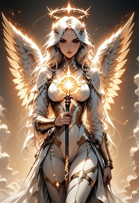 score_9, score_8_up, score_7_up, (Western Comics), a full body image of a sexy mechangel girl, caucasian, seductive, (glowing wings), solo, glowing armor, glowing halo, glowing mechanical 4 wings (hyperdetailed:1.15), detailed, light passing through hair, (ultra detailed, high quality texture), (sharp), (artistic image), 32K, 4K, ULTRA HD, small waist, large breasts, tight white bodysuit with, crop: -5, (3/4 portrait), wide view, ((her whole head and hair is visible)), zoomed out, ((wings completely visible)), (from thighs and up), wings folded along her body, cowboy shot, angelify, (monochrome background), (nothing in background), plain background, Long flowing white hair, wings fully visible, hkmagic, ((holding a long magical wizard staff with both hands))