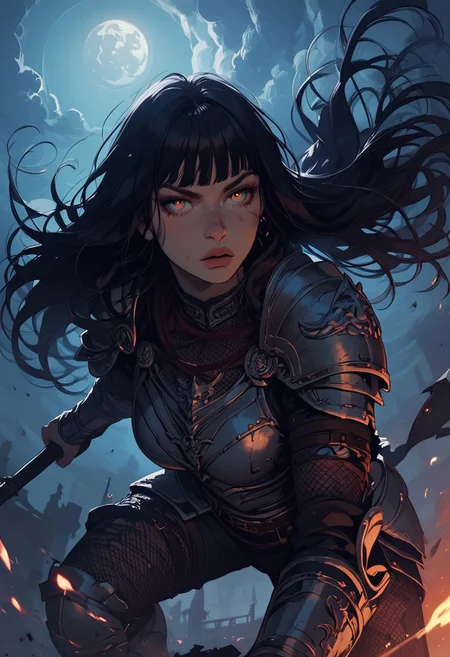 Score_9, Score8_up, Score_7_up, (((High Resolution, Best Quality))), 
1girl, beautiful, breasts, battle scarred, damaged armor, fishnets under armor, bangs, long hair, plated armour, holding staff, battle stance, dynamic angle, ancient fantasy city, battle-ready stance, dynamic pose, at night, moonlight, riding a nimbus cloud, nimbus, wukong theme, directional lighting, viewed from above,