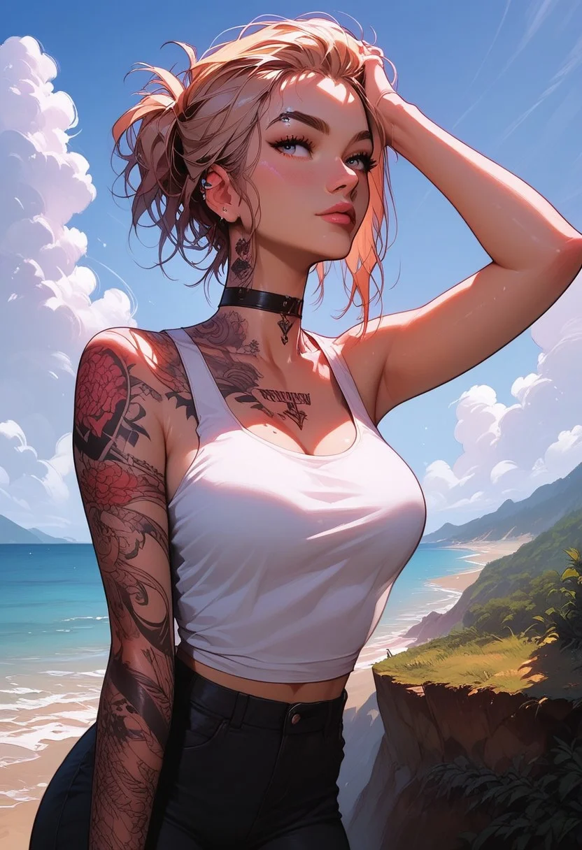 Score_9, Score8_up, Score_7_up, (((High Resolution, Best Quality))), Covered in Tattoos, hand on head, brushing hair behind ear,
Tanktop, cutoff, choker,
On a Cliff overlooking a beach, Cloudy Sky,