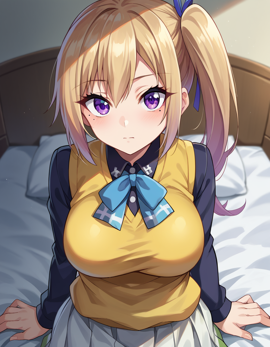 score_9, score_8_up, score_7_up, source_anime,
maikawakami, <lora:mai-kawakami-ponyxl-lora-nochekaiser:1>,
mai kawakami, blonde hair, hair ribbon, long hair, mole, mole under eye, ribbon, side ponytail, purple eyes
school uniform, skirt, vest, yellow vest, skirt, white skirt,
indoors, bed, bed room, on side,
looking at viewer, dutch angle, cowboy shot,