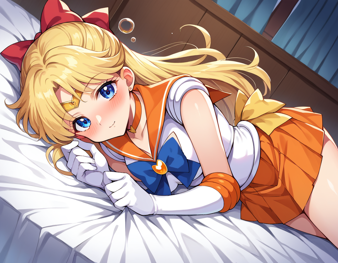 score_9, score_8_up, score_7_up, source_anime,
sailorvenus, <lora:sailor-venus-ponyxl-lora-nochekaiser:1>
sailor venus, blonde hair, blue eyes, bow, hair bow, half updo, long hair, red bow, tiara,
back bow, choker, elbow gloves, gloves, jewelry, magical girl, orange choker, orange sailor collar, orange skirt, sailor collar, sailor senshi uniform, school uniform, serafuku, skirt, white gloves,
indoors, bed, bed room, on side, blush, drunk,
looking at viewer, cowboy shot, dutch angle,