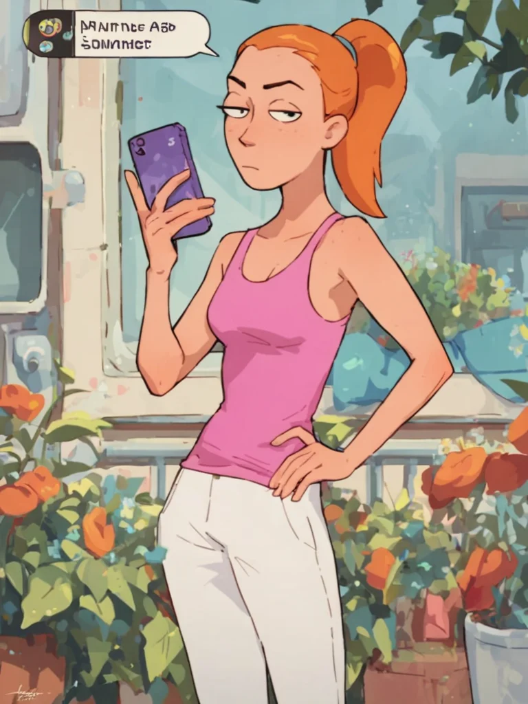 ,  looking at viewer, alien world,<lora:SummerPony1.0:0.7>,summer.smith, orange hair, 1girl, ponytail, solo, pink tank top, white pants, phone,text messaging,standing,   score_9, score_8_up, score_7_up, score_6_up
