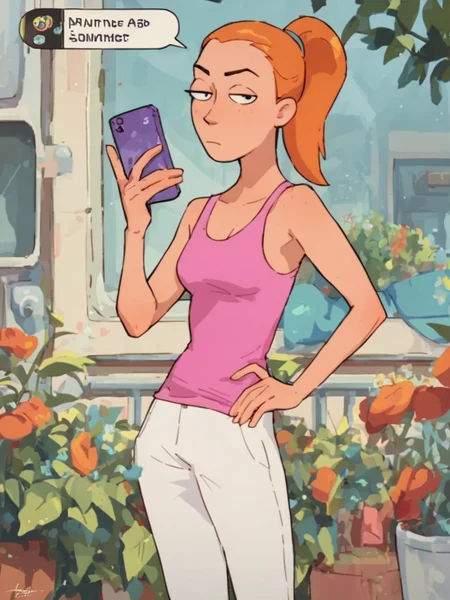 , looking at viewer, alien world,<lora:SummerPony1.0:0.7>,summer.smith, orange hair, 1girl, ponytail, solo, pink tank top, white pants, phone,text messaging,standing, score_9, score_8_up, score_7_up, score_6_up