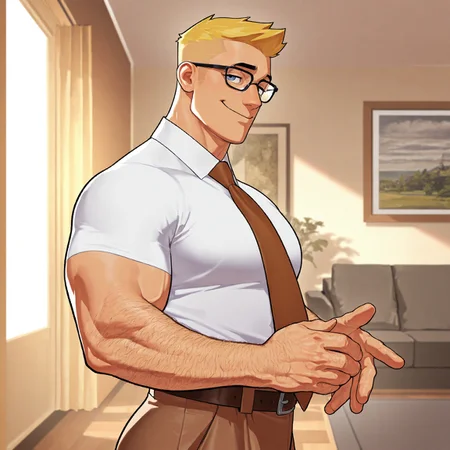 masterpiece, best quality, absurdres, newest, perfect quality, best quality, absolutely eye-catching, detailed background, intricate details, bara, 1boy, male, male focus, solo, yellow hair, short hair, white shirt, button-up shirt, short sleeves, brown tie, brown pants, belt, hairy arms, bara, muscular, large pectorals, large biceps, mature, glasses, looking at viewer, upper body, cowboy shot, side view, living room scenery, smile, very awa, best quality, absurdres, newest, perfect quality, detailed background, intricate details, (artist:rokudenashi:0.8), (artist:dizdoodz:0.7), (artist:gomtang:0.6)