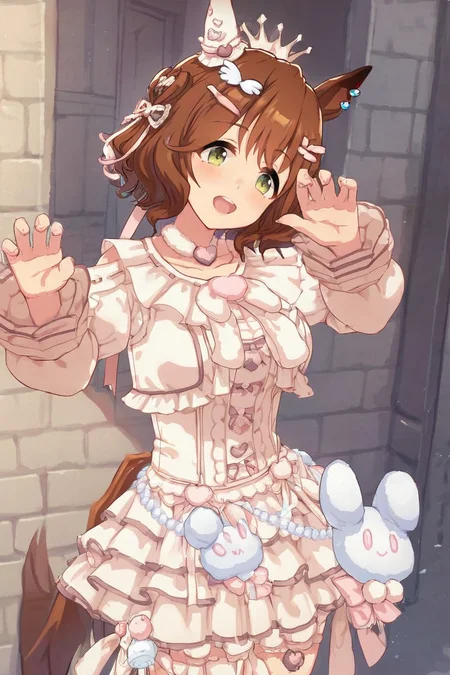 score_9, score_8_up, score_7_up, rating_safe, masterpiece, best quality, absurdres, source_anime,
aston machan \(umamusume\),1girl, horse ears, horse tail, shell pink thighhighs, hairclip, long sleeves, standing, holding, medium hair, blush, single ear cover, shell pink cropped jacket, white mini tiara,
shell pink layered skirt, shell pink bloomers, bloomers under skirt, white see-through hair back bow, hair side ribbon, shell pink corset, beads belt, waist accessories,
big smile open mouth,cowboy shot, 
 <lora:pony_aston_machan_v1.0:1.0>