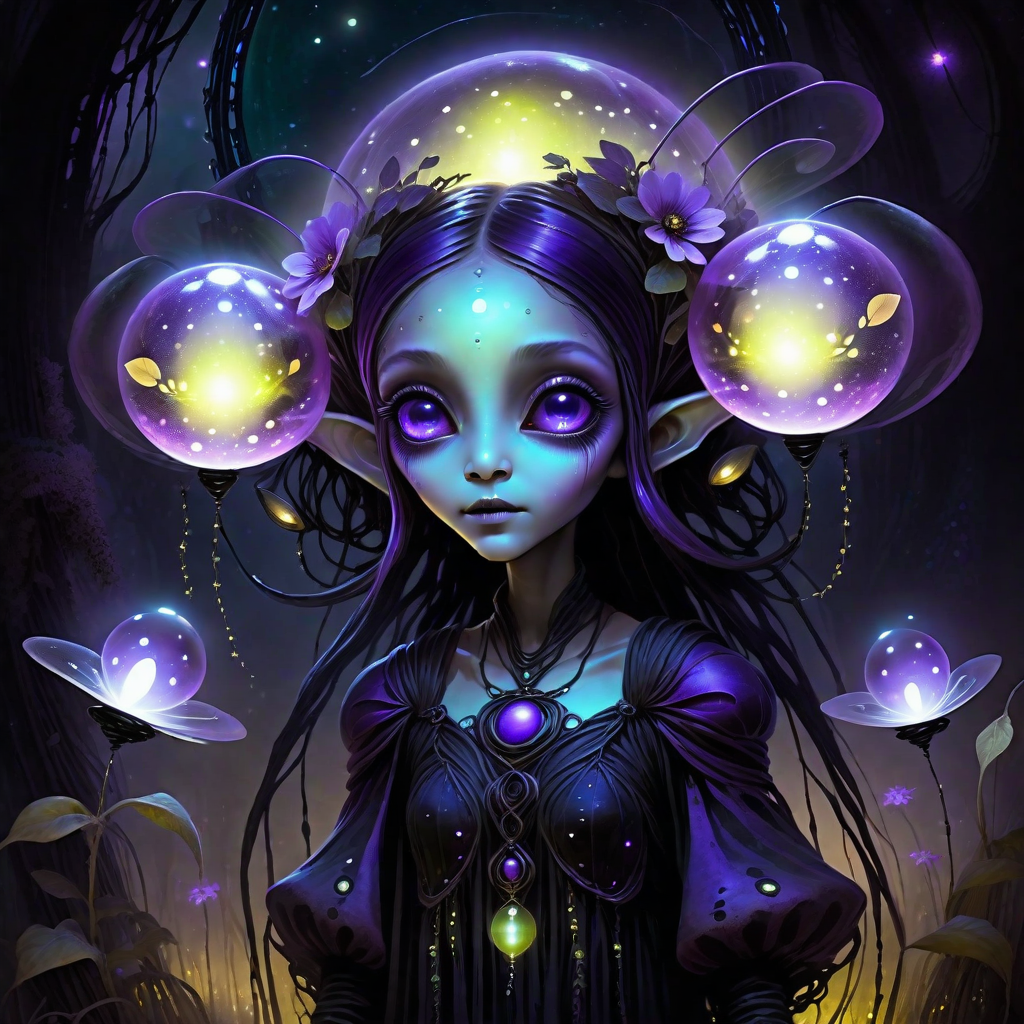 albedo, aliendance, eulera, alien female, Small floating firefly-like energy orbs, Whimsical gothic fantasy, Shadowed foreground with glowing details, Glowing flower petals floating in the air, Rustic Sci-Fi Earthtones alien_wanderer, <lora:artfully_YOUNGALIEN_SDXL:0.8>,