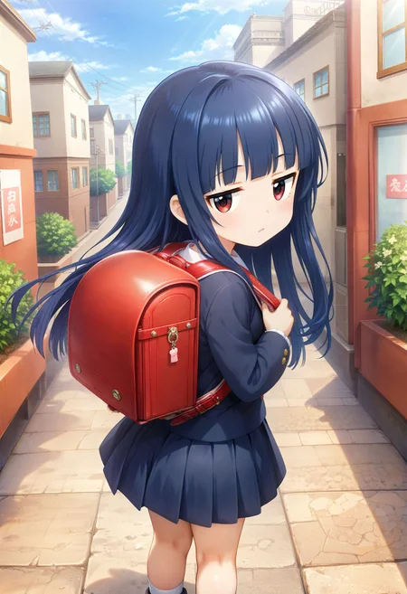 score_9, score_8_up, score_7_up, source_anime, anime screencap, masterpiece, insanely detailed, detailed background, zPDXL3, rating_safe,
<lora:Hyper-SDXL-8steps-lora:1> <lora:StS_PonyXL_Detail_Slider_v1.4_iteration_3:2>
<lora:Sajou_Yukimi:0.6>
sajou yukimi, long hair, blue hair, red eyes,
blazer, shirt, blue skirt, suspender skirt, pleated skirt,
outdoor, city, promenade, school route, school,
facing viewer, looking at viewer, looking back, looking at viewer,
<lora:jitome-pony:1:1:lbw=1,1,1,1,1,1,1,0,0,0,0,0> jitome,
<lora:randoseru_pony_v4:1:lbw=0,0,0,0,0,0,1,1,0,0,0,0> randoseru,backpack,
