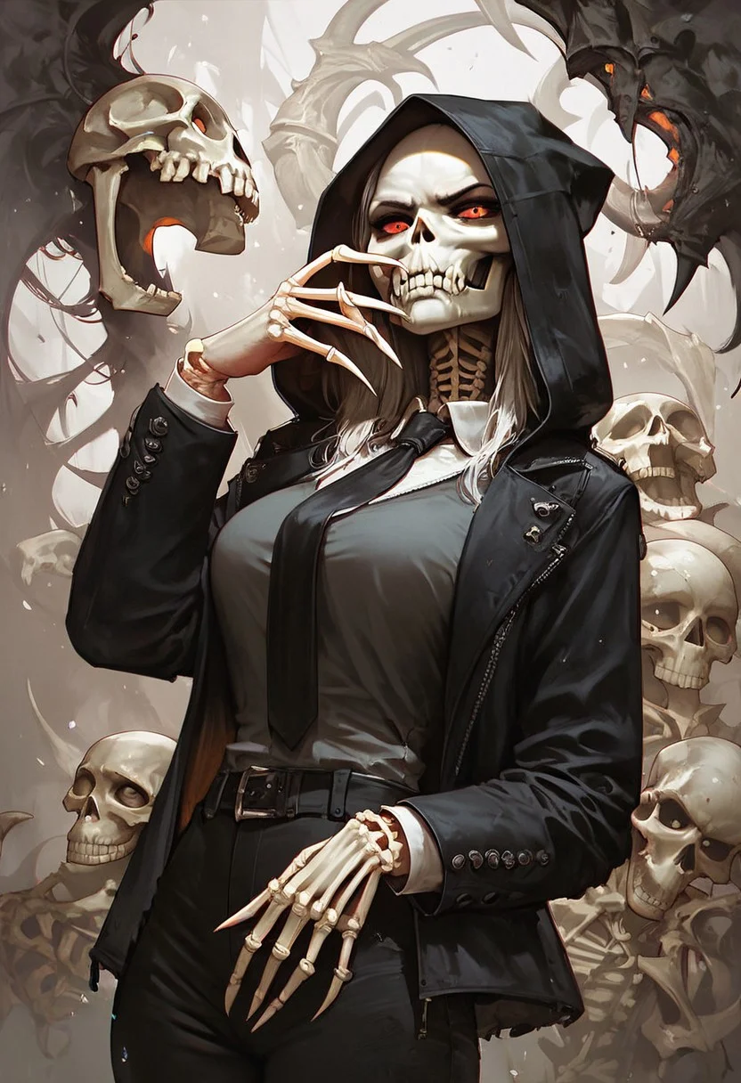 score_9, score_8_up, score_7_up, score_6_up,SFW , 1girl, solo , black suit, necktie, black pants, handgun, HD, high res, detailed, solo, death, female grim reaper, skeleton, skull instead of head, black hood, hooded person, bone fingers,