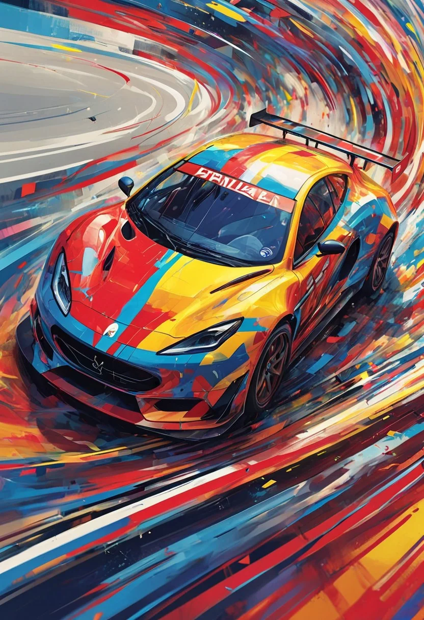 An exhilarating abstract representation of a car racing on a dynamic racetrack, filled with bold geometric shapes and vibrant colors. The composition features a sleek, stylized car rendered in sharp angles and curves, depicted in a striking palette of electric reds, deep blues, and bright yellows. The racetrack is illustrated with flowing lines and geometric patterns that suggest speed and movement, intertwining with the car’s trajectory. Background shapes mimic the blurred motion of the surroundings, creating a sense of urgency and excitement. The track is bordered by colorful checkered flags and abstract forms that evoke the atmosphere of a thrilling race. Textures such as splashes and gradients enhance the visual impact, inviting viewers to feel the adrenaline of the race. The overall atmosphere is energetic and vibrant, capturing the essence of competition and speed in a modern, artistic style. Hyper-detailed digital art, contemporary and dynamic, vibrant colors, highly detailed, 8K resolution.
style of greg rutkowski,janek sedlar,jenny saville:0]  <lora:vivid_everclear:0.35>  <lora:Sinozick:0.35>  <lora:MJ52:0.35>