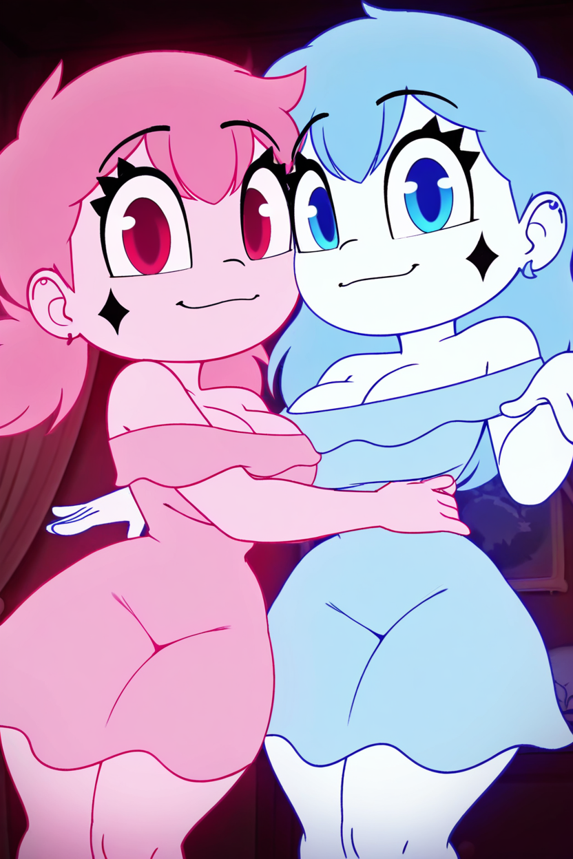 masterpiece, best quality, eyelashes, (beautiful eyes),   2girls, multiple girls,  zzPinkGhost, zzBlueGhost, hug, side by side,  long hair, looking at viewer, smile, large breasts, gloves, dress, cleavage, bare shoulders, indoors, off shoulder, eyelashes, curtains, off-shoulder dress,  <lora:GhostGirlsIXL_v1:1.0>,