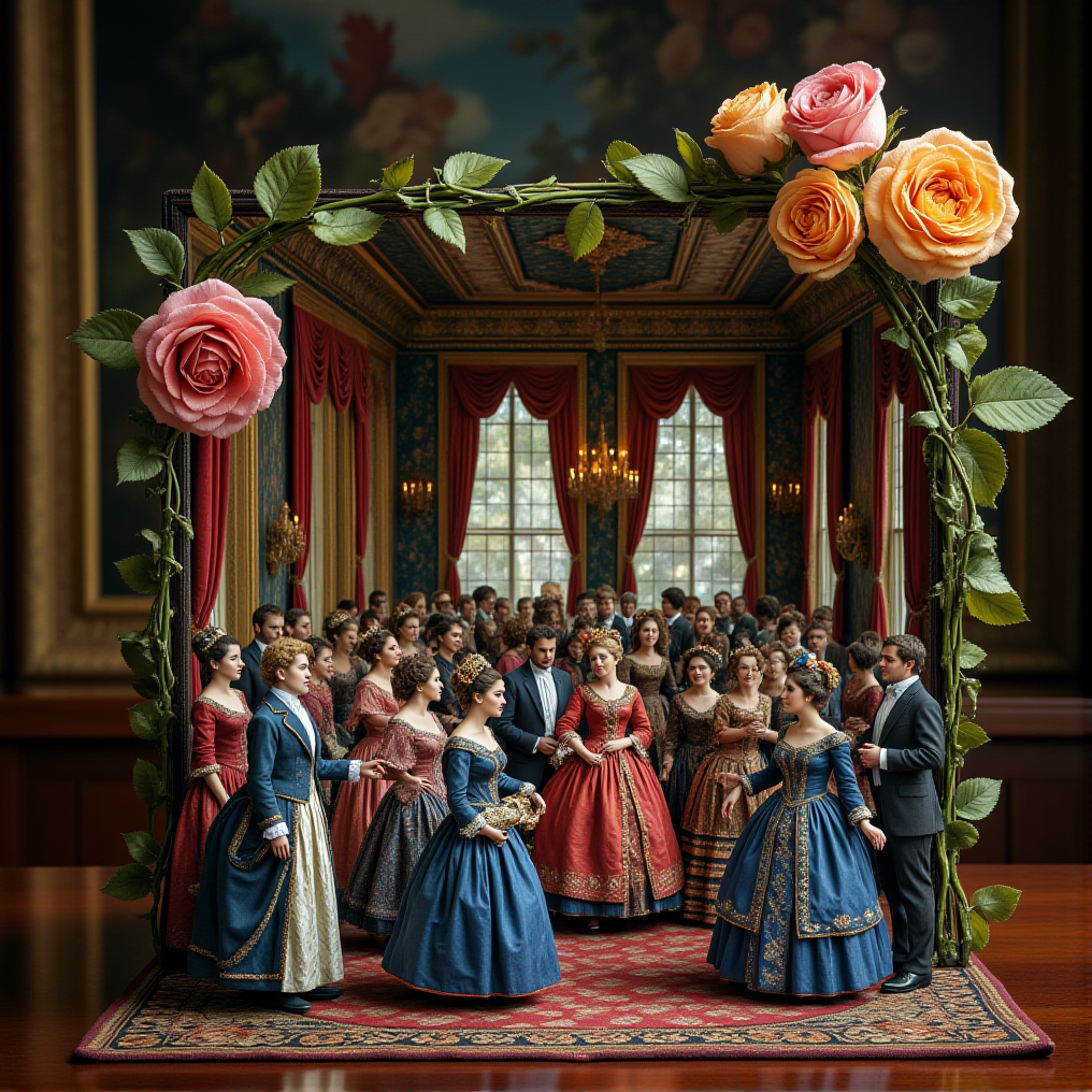 Miniature diorama of a masquerade ball next to a bouquet of roses, detailed digital illustration of a masquerade ball held in a palace, 19th century, colorful dresses, masks, well-dressed women, glamorous, lascivious and somewhat decadent atmosphere, <lora:Flux.1_Turbo_Detailer:0.7>, <lora:Diorama_Flux:0.8>