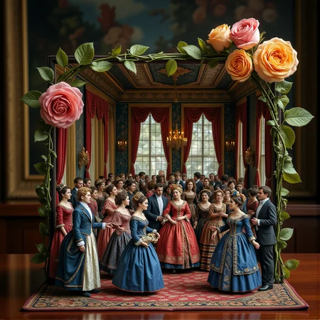 Miniature diorama of a masquerade ball next to a bouquet of roses, detailed digital illustration of a masquerade ball held in a palace, 19th century, colorful dresses, masks, well-dressed women, glamorous, lascivious and somewhat decadent atmosphere, <lora:Flux.1_Turbo_Detailer:0.7>, <lora:Diorama_Flux:0.8>