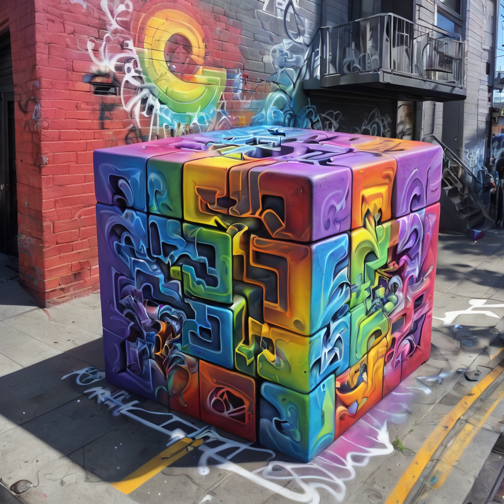 <lora:f4b14n:0.5> f4b14n san francisco rainbow cube graffiti