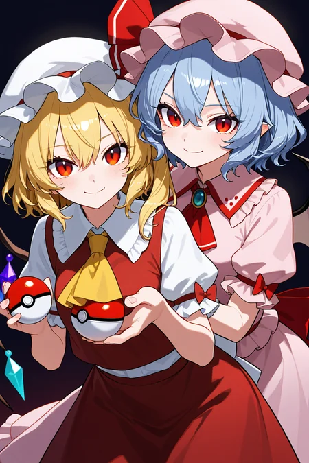 masterpiece, best quality, 21 year old model, eyelashes, (beautiful eyes), ,,,2girls, zzRemilia, red eyes, blue hair, short hair, hat, ribbon, wings, ascot, hat ribbon, pink dress, bat wings, short sleeves, frills, puffy sleeves, zzFlandre, red eyes, blonde hair, one side up, hair between eyes, wings, ascot, red skirt, hat ribbon, short sleeves, puffy sleeves, mob cap, red shirt, <lora:ScarletSistersIXL_v1:1.0>, (holding pokeball), cowboy shot, leaning forward, smile, looking at viewer, shiny skin,