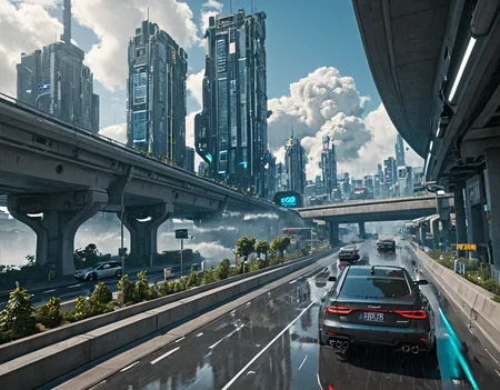 <lora:City_Worlds-1:1> realistic photo of citybkg, cyberpunk, day, clouds, sunny, ambiance, detailed, futuristic, elevated highway, street, high buildings, houses, vegetation, ambiance, day, clouds, very detailed, elevated highway, design buildings, futuristic, side view, high buildings, illuminated, city lights, reflections, car rear, mist, motion blur, smoke, speed, wet, rain