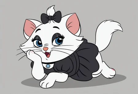 score_9, score_8_up, score_7_up BREAK KittyMarie, 1girl, cat, white fur, blue eyes, pink nose, whiskers, tail, black hair bow, full body, solo focus, alone, happy, goth fashion, gothic dress, dark makeup, cartoon, source_cartoon,