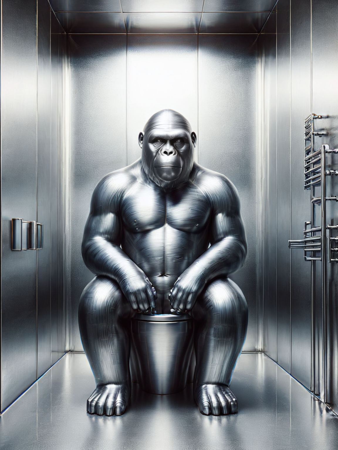 An ais-steelz gorilla sitting on the toilet, in a glistening bathroom <lora:Brushed_Steel_Style_SDXL:1>