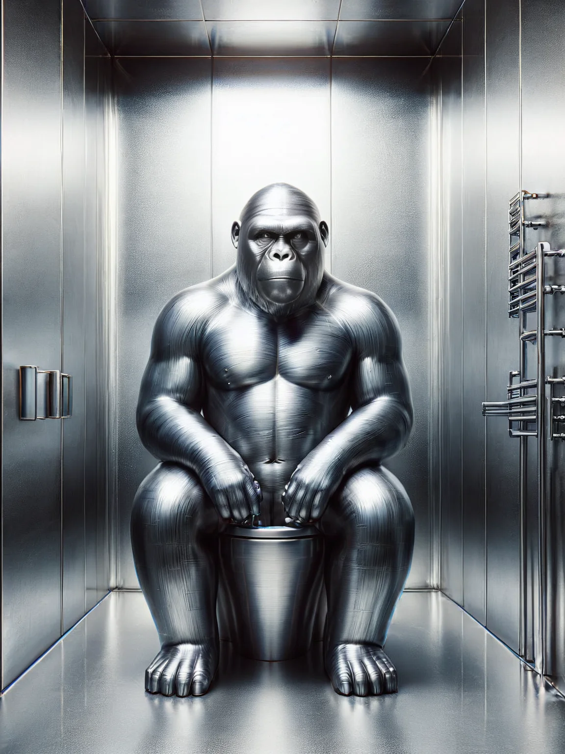 An ais-steelz gorilla sitting on the toilet, in a glistening bathroom <lora:Brushed_Steel_Style_SDXL:1>