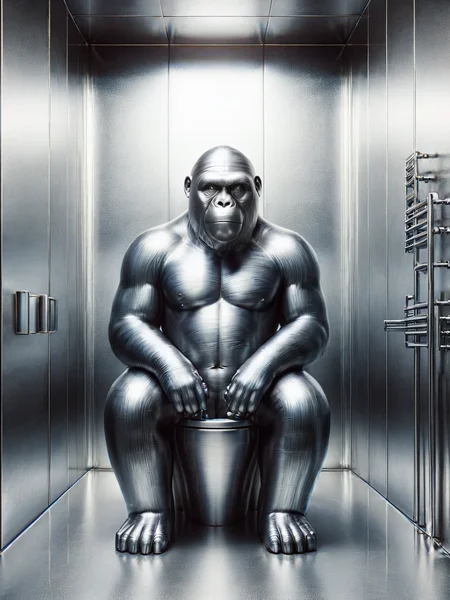 An ais-steelz gorilla sitting on the toilet, in a glistening bathroom <lora:Brushed_Steel_Style_SDXL:1>