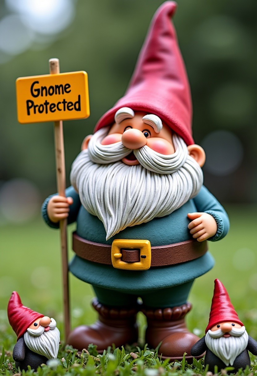 Lawn gnome standing among pixies holding a sign that reads "Gnome Protected"