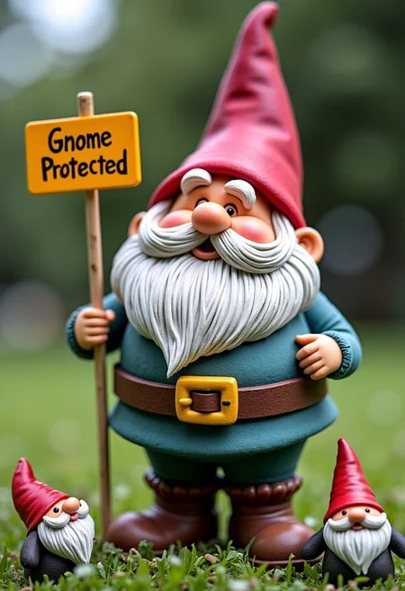 Lawn gnome standing among pixies holding a sign that reads "Gnome Protected"