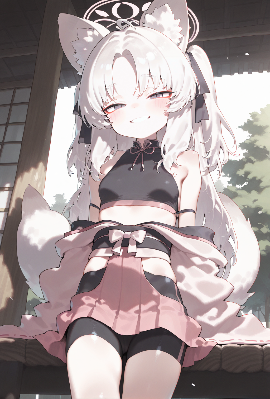 score_9, score_8_up, score_7_up, 1girl, <lora:Kuzunoha:1>, general, (atte nanakusa:1.10), (lakilolom:0.85), (dojirou:0.95), (musouzuki:1.05), grey eyes, white hair, animal ears, fox ears, fox tail, fox girl, long hair, curtained hair, red eyeliner, japanese clothes, kimono, black top, bike shorts, pants, pink skirt, small breasts, pale skin, open clothes, halo, smile, blush, masterpiece, best quality, amazing quality, very aesthetic, absurdres, newest, scenery,  <lora:deal360acv illustrious 006:0.45>, <lora:dj_sloppa_ill_v2:0.2>, <lora:nyalia:0.35>
