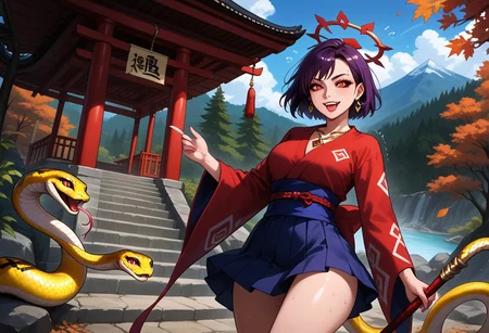 score_9,score_8_up,score_7_up,score_6_up,score_5_up,1girl, yasaka_kanako,touhou,purple_hair,red_eyes,curvy,goddess, tall_female,(fangs),scales,(slit pupils),(makeup),(purple_lips), lipstick,black_sclera,glowing eyes,thick_eyebrows,beautiful, source_anime,symmetrical,holding_wooden_staff,red_shirt, (long_sleeves),(blue_skirt),(long_skirt),(short_hair),(orbs:1.6), (long_tongue),(earrings),rope,beaded_bracalets,(rope_sash), mirror,mirror_necklace,(amulet),(rope_necklace),black_skirt,(diamond_print:1.4),(jewelry:1.4),(tattoos:1,4),(wide_hips),4k, (thick thighs),(thick legs),outdoors,rope_bridge,forest,shrine, japanese_garden,japanese_shrine,moss,mountains,autumn, (stalagmite:1.4),statue_komainu,(cliff),(falling_autumn_leafs),(leafs),(gemestone:1.2),(gold_snake_ornaments),gems,spine, (thorny_forest),impact_onomatopoeia,(wooden_signal),(wide shot),(dynamic_pose),aura,glowing aura,halo,(snake_hybrid), (perfect hands),(hand_sign),(motion lines:1.4),(sweat:1.4),(??),(trembling lines:1.4),(flying sweatdrops:1.4),(illustration),(8k), (thick_outlines),(smile),(tongue),frown,long_claws,(flying:1.4), (masterpiece),(best_quality),newest,absurdres,(best shadow), light_particles,highly_detailed_background,very_detailed_skin, amazing_quality,(very_detailed_clothes),(power_lines),speed lines,(emphasis_lines),(very_aesthetic),(dynamic_angle),HD, <lora:add-detail-xl:1.5>, Expressiveh
