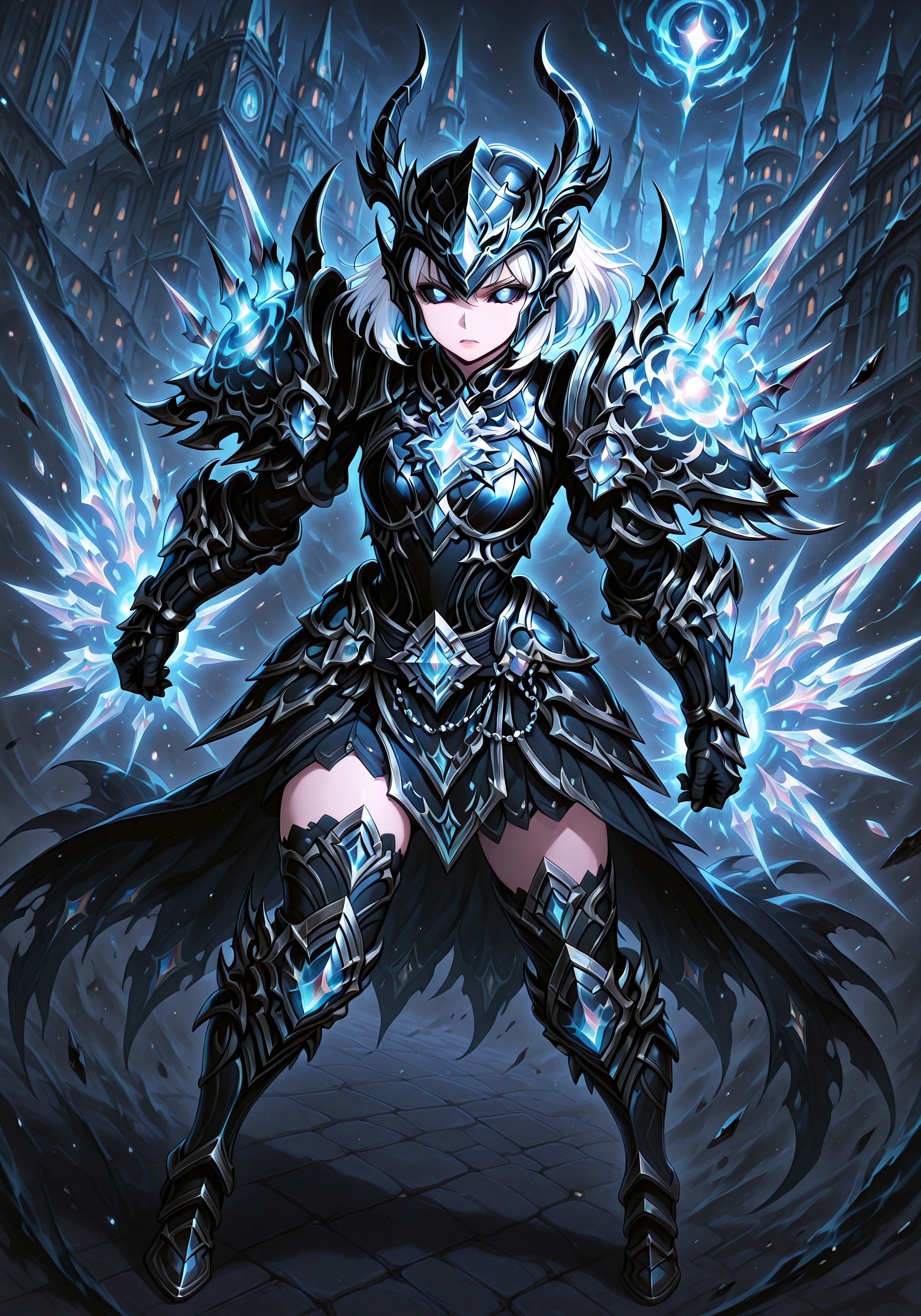 masterpiece, best quality, ultra-detailed, absurdres, 64K, high resolution, concept art, official art, illustration, fantasy illustration, very aesthetic, highly detailed, beyond intricately detailed, stylized, stunning, smooth quality, colorful, digital artwork, abstract, HDR, raytracing, high contrast, dramatic shadows, depth of field, glow, ornate design, sharp focus, highly detailed face, (full-body:1.2), character-focused scene, strong facial expression, strong colors, BREAK, 

(Dutch angle, from above, action shot:1), 

(1girl, petite adult body, ((pitch-Black with pearlescent-white highlights SuperShortHair:1.5)), colored scelera, black sclera, detailed white eyes, black gothic makeup and lipstick, highly detailed fantasy armor set. The armor is sleek and segmented with overlapping black and dark gray plates, styled like scales or dragon hide. The chest, arms, and legs are reinforced with jagged, layered metal and claw-like accents. Large, curved pauldrons extend from the shoulders, edged with translucent, glowing white crystalline blades and ornate chain-like structures. Bright white magical energy emit from the shoulders, forearms, and helmet crest. The gauntlets and greaves are decorated with claw-like ridges and glowing white accents. The entire set has a dark, corrupted magic aesthetic with a luminous contrast from the white glow. Action-combat stance, dynamic pose) in (medieval fantasy cityscape), 



