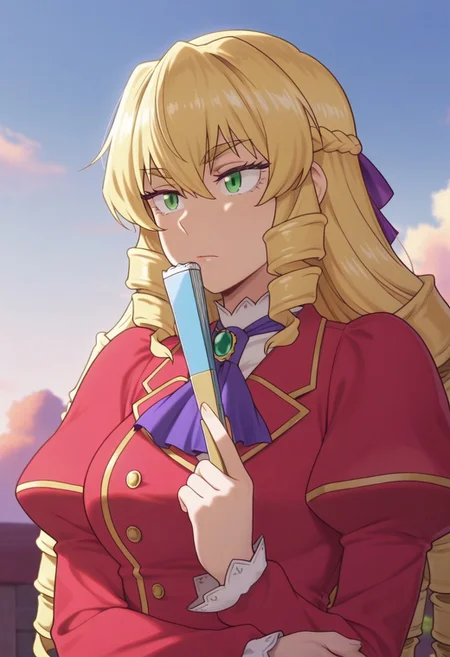 masterpiece,best quality,amazing quality, auvergne grace, long hair, blonde hair, green eyes, 1girl, solo, drill hair, hand fan, ascot, upper body, puffy sleeves, holding, folding fan, sky, long sleeves