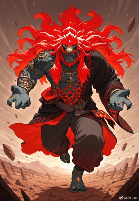 masterpiece, best quality, amazing quality, g4n0nd3m0n, solo, full body, 1boy, muscular, colored skin, black sclera, golden eyes, beard, red hair, long hair, glowing, thick eyebrows, horns, forehead jewel, earrings, hadanugi dousa, open kimono, jewelry, tattoo, ring, armlet, bracelet, necklace, sharp nails, sharp teeth, pants, barefoot, toe ring, BREAK, perspective, wasteland