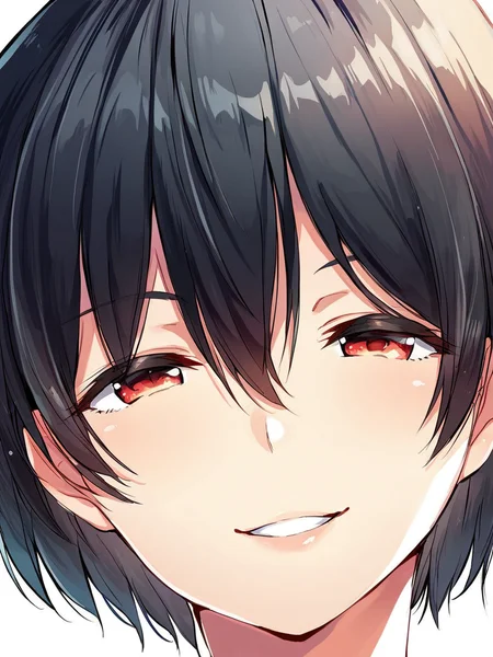 score_9, score_8_up, score_7_up,
1girl, Sayaka rr, short hair, black hair,
face, close-up, red eyes, smile, narrowed eyes, parted lips, looking at viewer, white background,
