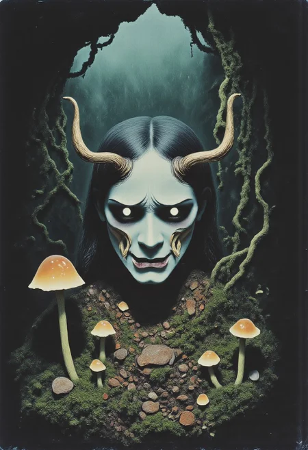 Satyr ArsMovieStill, movie still from a 1970s horror movie Studio Ghibli Dark Fairytale depicting a cursed hannya mask with horns and fangs in an eerie dark forest amidst twisting vines and mushrooms