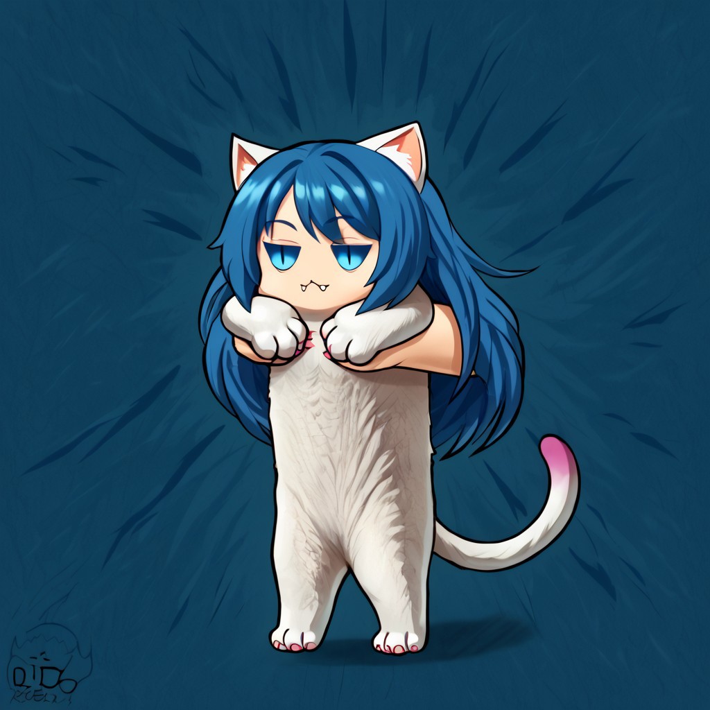 IncrsXLLCM, FeliciaSDXL, blue hair, long hair, light-skinned female, white fur, cat ears, blue eyes, cat eyes, fangs, large paws, cat paws, pink claws, cat tail, digitigrade, full body, chibi, holding animal / holding person