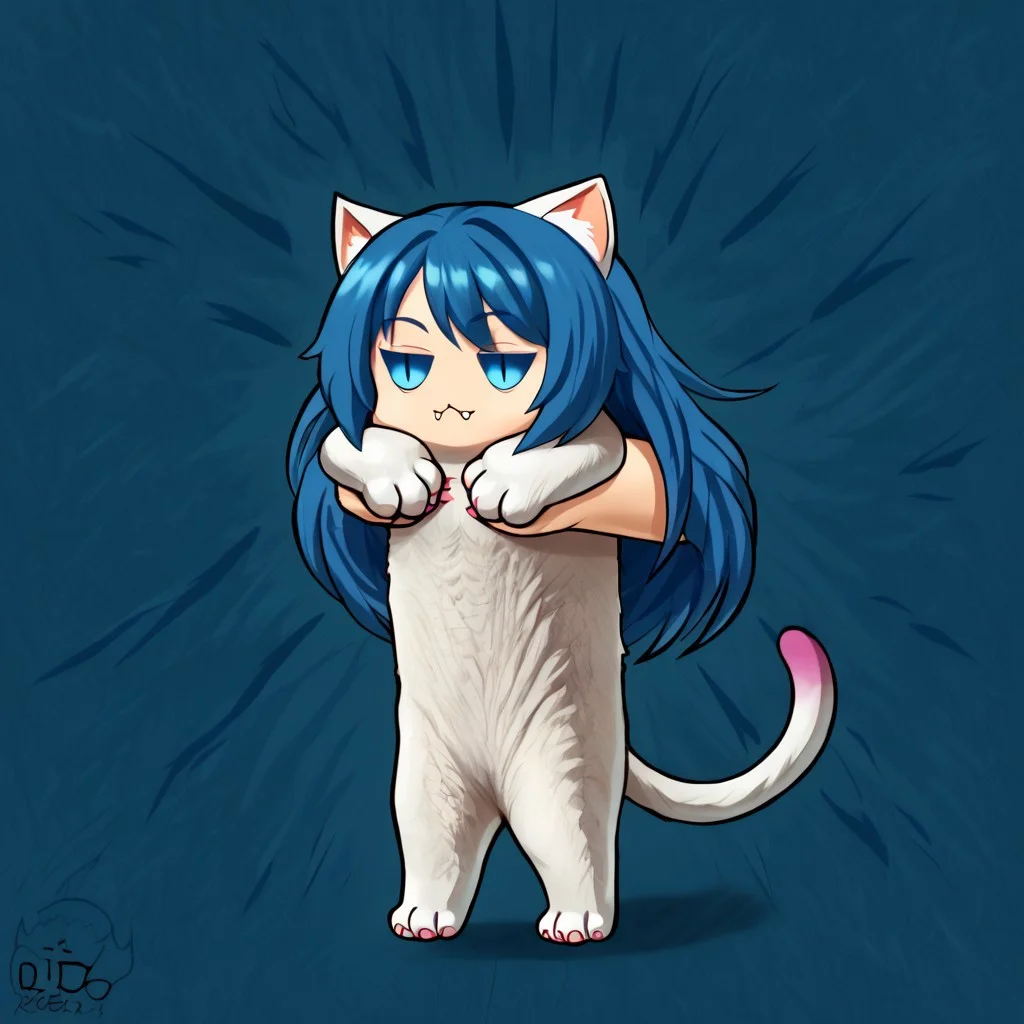 IncrsXLLCM, FeliciaSDXL, blue hair, long hair, light-skinned female, white fur, cat ears, blue eyes, cat eyes, fangs, large paws, cat paws, pink claws, cat tail, digitigrade, full body, chibi, holding animal / holding person