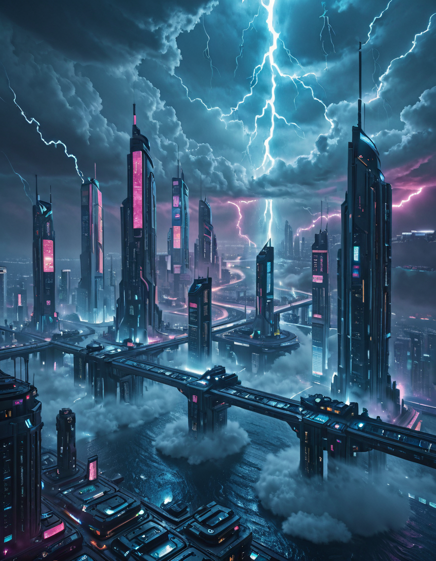 <lora:Space_Worlds_Minis_5:1.0> swminis5, beautiful giant waves, lots of wind, waterfalls, cyberpunk city, lightnings, storm