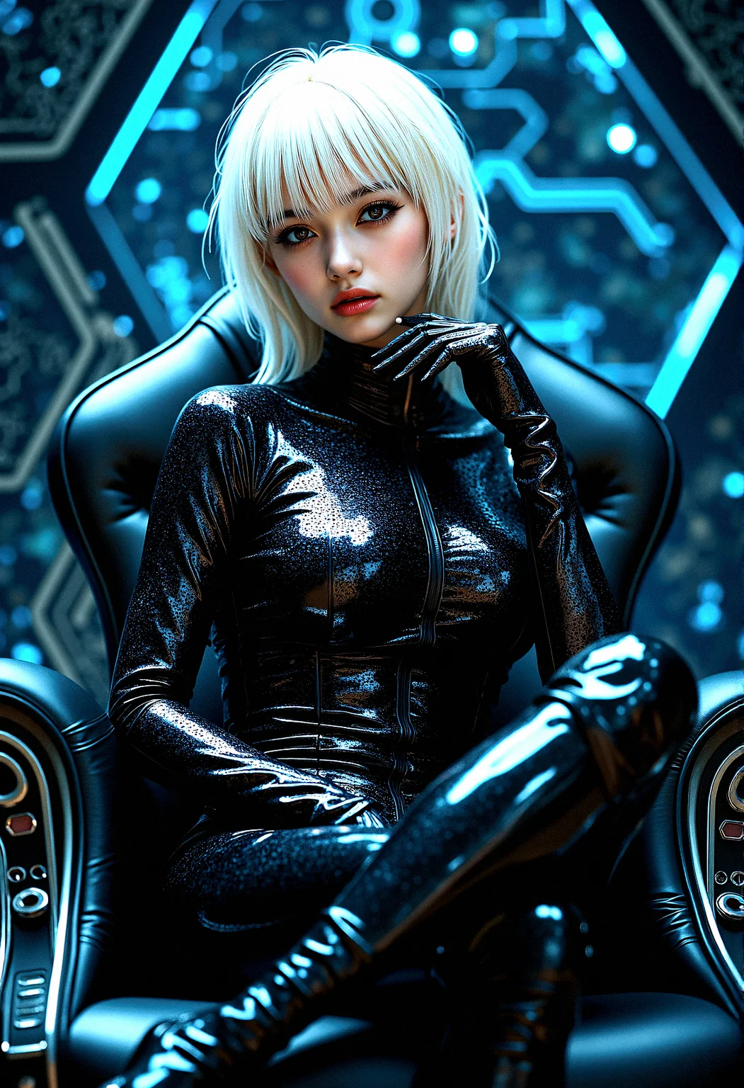 midjourney_whisper_innocent_eyes,
extremely photorealistic depiction of a slightly voluptuous gorgeous female character with futuristic latex outfit electronic circuit printed. Her unrealistic beauty with perfect skin almost doll like face with platinum blonde asymetrical hair against a detailed circuit board background. The circuit board is illuminated with blue lights and complex patterns. the lighting is soft, highlighting her features. The camera shot is a wide shot, capturing her full body and the detailed background.Soft underlighting to highlight features, Bounced light from metallic surfaces. Dual-tone lighting setup.
Micro-details in latex and fabric, Realistic wear and tear on materials, Ray-traced reflections, High-frequency detail enhancement, High-resolution shadow mapping, Seated on a futuristic chair with legs crossed, hands resting on her chin, calm expression.
