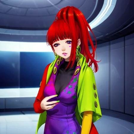 best quality, masterpiece, official artwork, (realistic:0.3), 1girl, solo, sq, red hair, jewelry, earrings, purple eyes, lips, nail polish, makeup, long hair, ponytail, jacket, dress, spaceship room background, sleepy face, cute