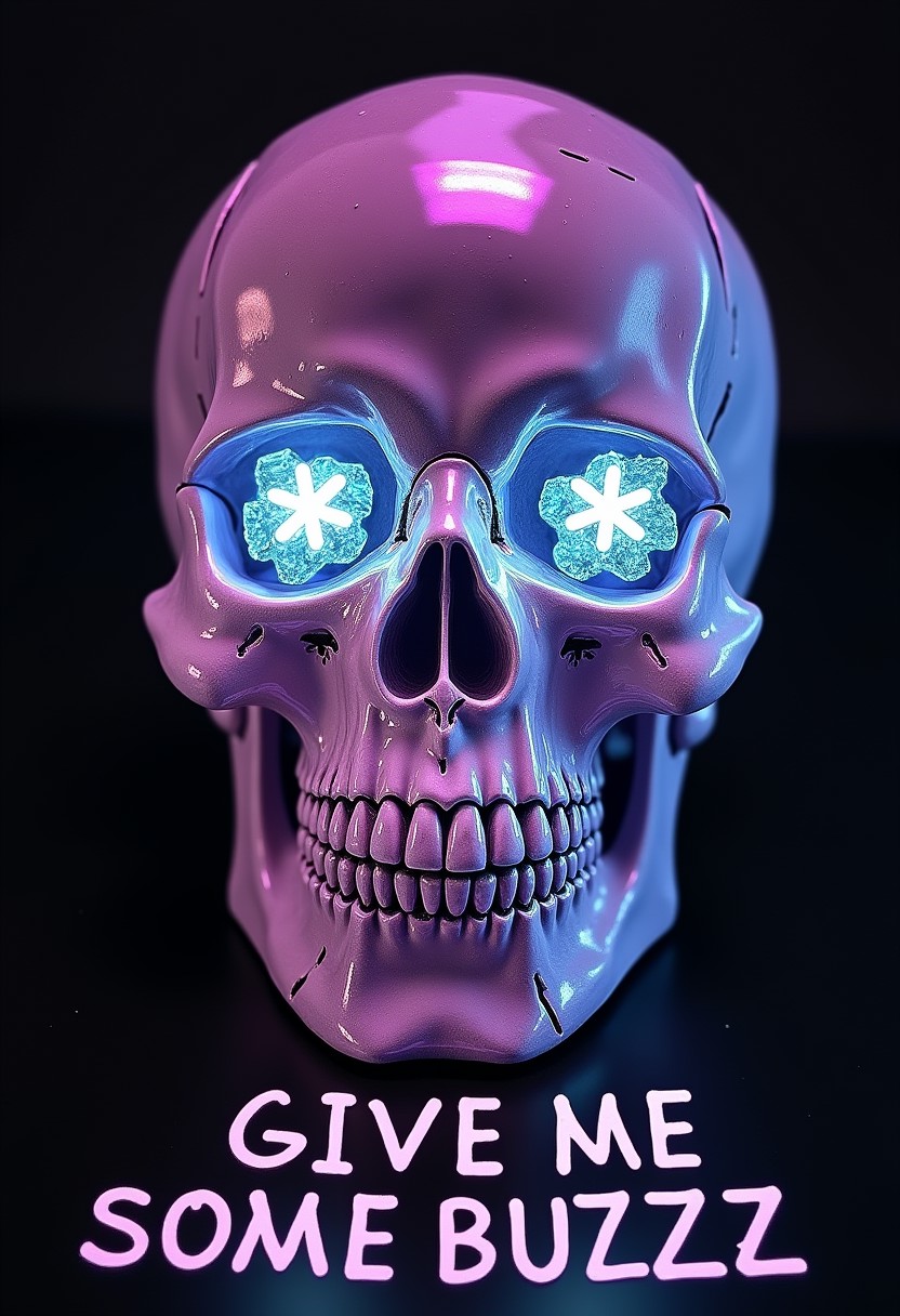 Crystal skull with diamond eyes, random color. text under the picture "GIVE ME SOME BUZZZ"