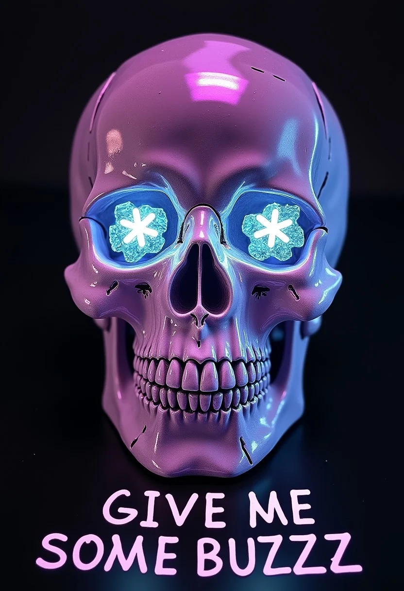 Crystal skull with diamond eyes, random color. text under the picture "GIVE ME SOME BUZZZ"