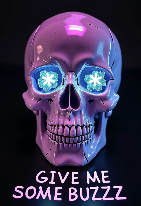 Crystal skull with diamond eyes, random color. text under the picture "GIVE ME SOME BUZZZ"