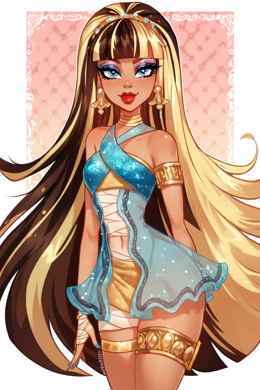 score_9, score_8_up, score_8, medium breasts, (curvy), cute, eyelashes, BREAK, , zzCleo, long hair, multicolored hair, dark skin, blunt bangs, bangs, two-tone hair, black hair, blonde hair, streaked hair, eyeliner, very long hair, brown hair, makeup, lipstick, bandages, jewelry, earrings, eyeshadow, dress, armlet, red lips, <lora:Cleo_MH_PDXL:0.8>, , BREAK, smile, closed mouth, looking at viewer, cowboy shot, ,,, embedding:zPDXL, Expressiveh, ,,, <lora:Puppypaww_Style_PDXL_v2:0.8>, <lora:SDXLFaeTastic2400:0.5>, <lora:Expressive_H-000001:0.4>,