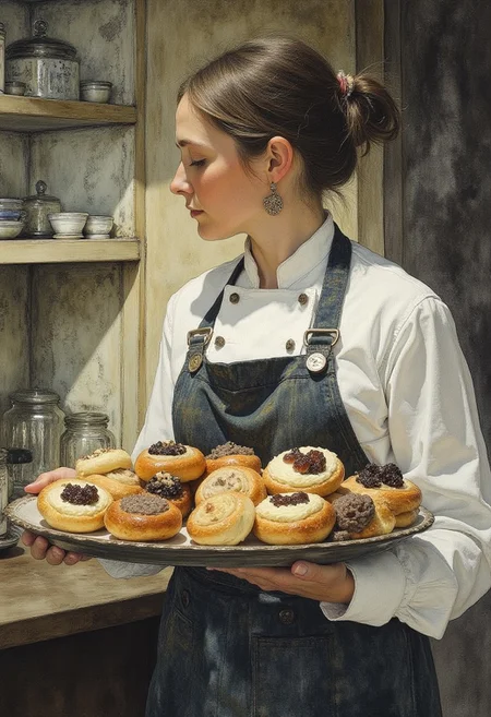 painting of Chef woman holding a tray with a variety of pastries
