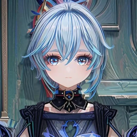 GenshinAvatar, (a girl with long light blue hair in a braided ponytail with a flower hairclip on it hair has split bangs, and blue eyes eyes,hydro character,hydro inazuma vison,wearing a blue kimono with a collar,outfit with blue charms and gems.:1.4), highly_detailed, illustration, portrait, (((masterpiece))),(((bestquality))), (black_background:1.4), simple_background, <lora:GenshinAvatarV2:1>