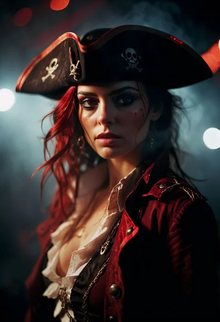 glamour portrait photo, macro, a captivating vibrant glow, mysterious female futuristic pirate, surrounded by particles emitting light, pirate ship, dark white weapon, ethereal, smoky backdrop. throwing a translucent white/tanslucent white/red fade, pirate clothing revealing cleavage, 100mm f/2.8 macro lens, atmospheric haze, Film grain, cinematic film still, shallow depth of field, highly detailed, high budget, cinemascope, moody, epic, OverallDetail, gorgeous, 2000s vintage RAW photo, photorealistic, candid camera, color graded cinematic, eye catchlights, atmospheric lighting, imperfections, natural, shallow dof